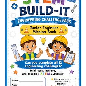 Puede incluir: Un libro de misiones Junior Engineer STEM BUILD-IT Engineering Challenge Pack con dos personajes de dibujos animados con cascos amarillos, uno con un plano y otro con un portapapeles, con campos para nombre, edad y 12 estrellas de desafío.