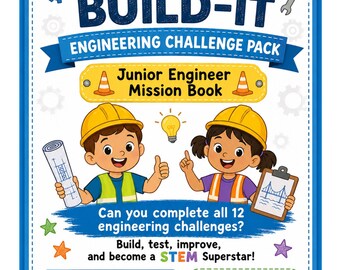 May include: A STEM BUILD-IT Engineering Challenge Pack Junior Engineer Mission Book featuring two cartoon characters in yellow hard hats, one holding a blueprint and the other a clipboard, with text prompts for name, age, and 12 challenge stars.
