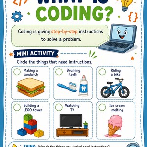 May include: An educational worksheet titled WHAT IS CODING? featuring a cartoon laptop, a lightbulb, and a mini activity section. It includes illustrations of a sandwich, toothbrush, bicycle, LEGO bricks, television, and ice cream with checkboxes.
