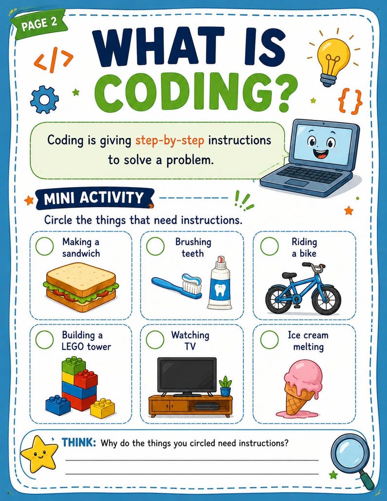 May include: An educational worksheet titled WHAT IS CODING? featuring a cartoon laptop, a lightbulb, and a mini activity section. It includes illustrations of a sandwich, toothbrush, bicycle, LEGO bricks, television, and ice cream with checkboxes.