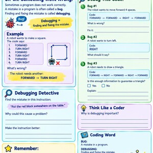May include: A Coding Without Computers Debugging Detectives educational worksheet for ages 7-10. The page features a blue robot, text explaining bugs and debugging, and interactive exercises for children to identify and fix coding errors.