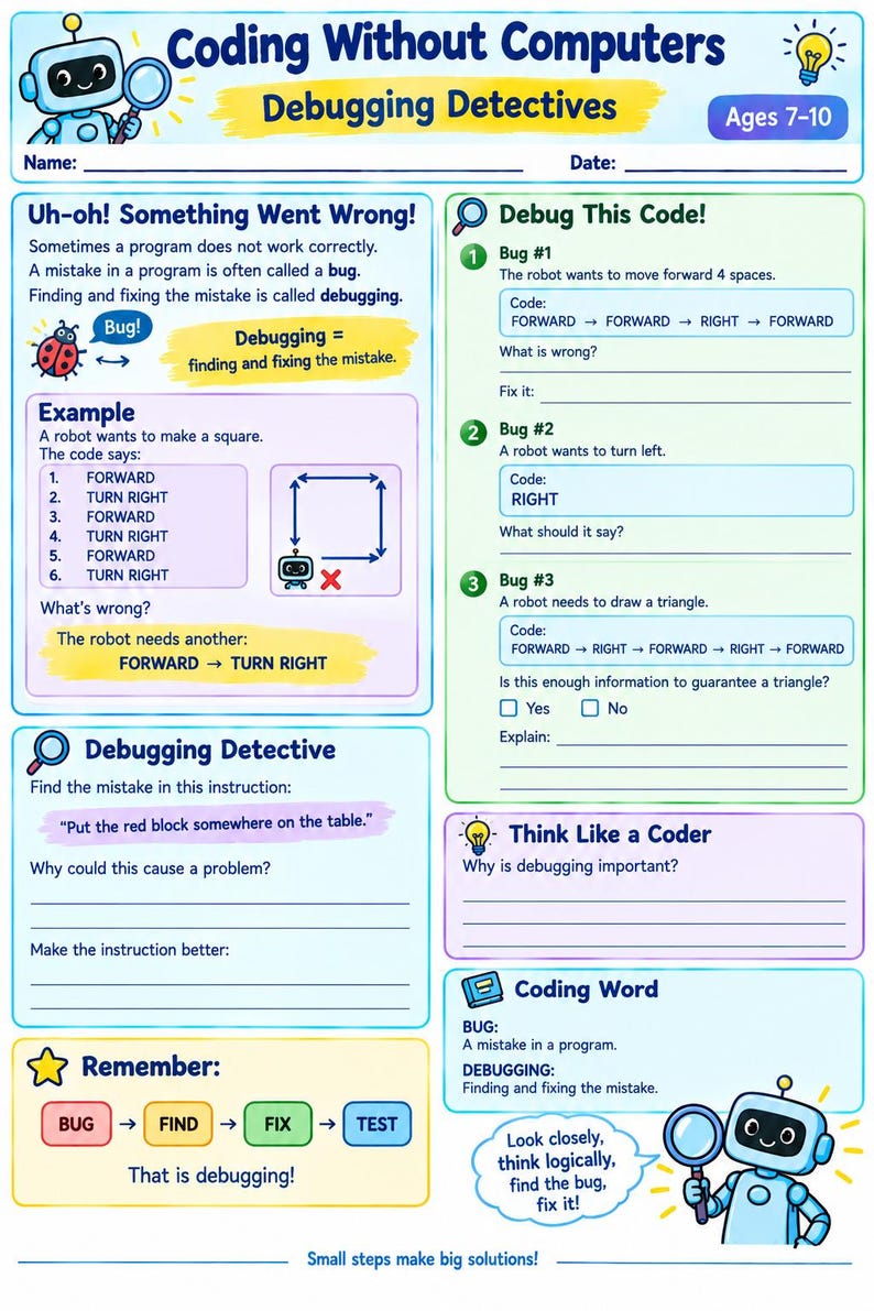 May include: A Coding Without Computers Debugging Detectives educational worksheet for ages 7-10. The page features a blue robot, text explaining bugs and debugging, and interactive exercises for children to identify and fix coding errors.