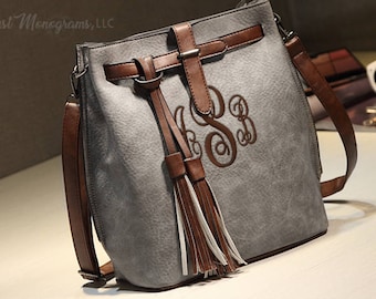 Monogram Bucket Purse Vintage Tassel Crossbody Messenger Bag, Large Retro Shoulder Bag, Bucket Purse Tote Bag, Purse With Tassels