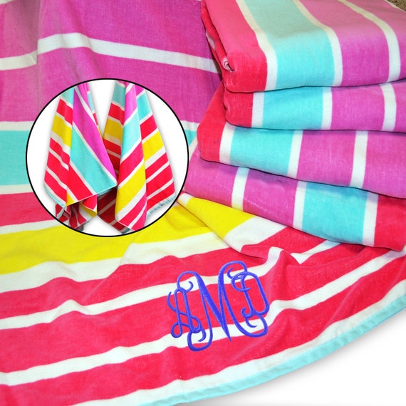 Personalized Striped Cabana Beach Towel Pool Towel Embroidered Name 4 Colors