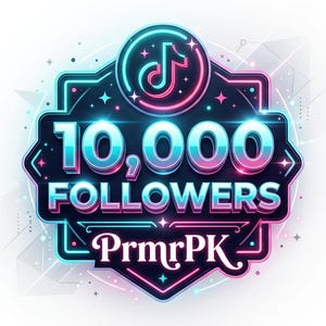 Op de afbeelding: Een grafisch embleem in neonstijl met het TikTok-logo bovenaan, de tekst 10,000 FOLLOWERS in dikke blauwe en roze letters, en het woord PrmrPK onderaan, alles tegen een donkere achtergrond met gloeiende lichtaccenten.