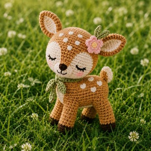 Peut inclure: Un faon en crochet avec une fourrure marron, des taches blanches et un visage crème. Le faon présente des yeux fermés, des joues roses, une écharpe en crochet verte et une petite fleur rose avec des feuilles vertes sur une oreille.