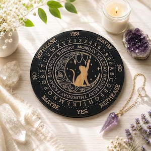 Mystic Cat Spirit Board / Pendulum Board – Wooden Divination & Witchy Decor