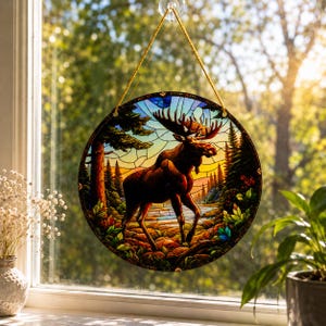 May include: A circular stained glass suncatcher featuring a brown moose standing in a forest landscape with pine trees, rocky terrain, and a blue sky. The piece is framed in a dark metal border and hangs from a thin gold cord attached to a suction cup.