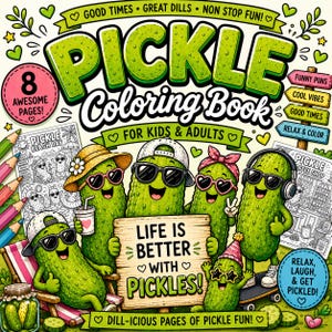 Può includere: Un libro da colorare di cetriolini con 8 pagine per bambini e adulti. La copertina mostra cetriolini disegnati con occhiali da sole, cappelli e cuffie, con un cartello in legno che recita Life is Better With Pickles e Good Times Great Dills.
