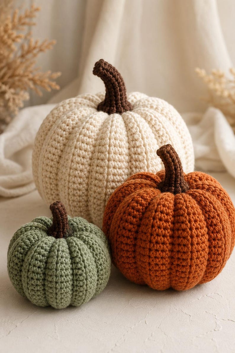 May include: Three handmade crochet pumpkins in varying sizes and colors. One large cream pumpkin, one medium orange pumpkin, and one small sage green pumpkin. Each pumpkin features a textured ribbed surface and a dark brown crocheted stem.