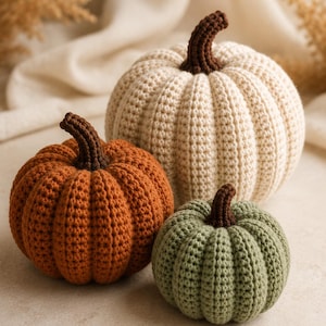 May include: Three crocheted pumpkins in varying sizes and colors. The largest is cream, the medium is burnt orange, and the smallest is sage green. Each pumpkin features a dark brown crocheted stem and a textured, ribbed surface pattern.
