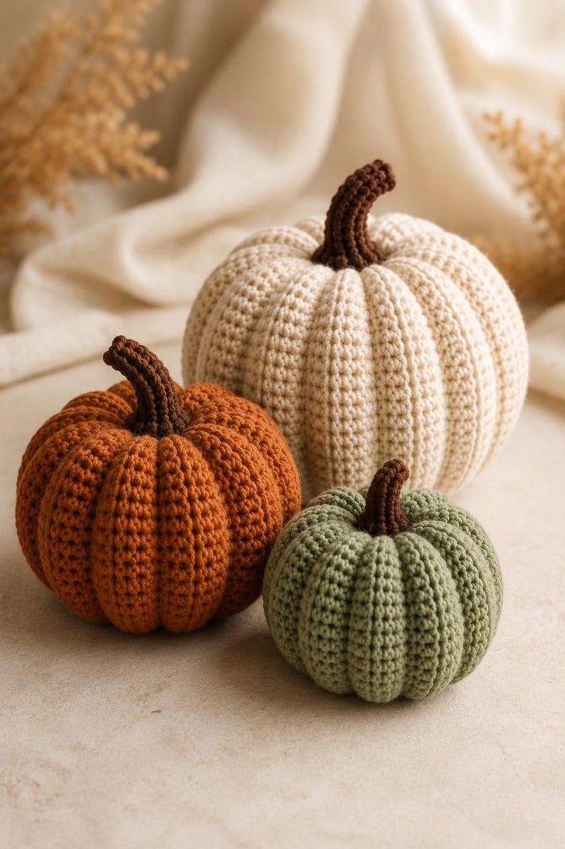 May include: Three crocheted pumpkins in varying sizes and colors. The largest is cream, the medium is burnt orange, and the smallest is sage green. Each pumpkin features a dark brown crocheted stem and a textured, ribbed surface pattern.