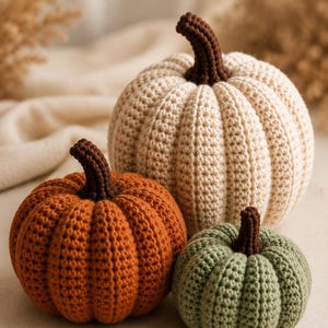 May include: Three crocheted pumpkins in varying sizes and colors. The largest is cream, the medium is burnt orange, and the smallest is sage green. Each pumpkin features a dark brown crocheted stem and a ribbed texture created by the yarn stitches.