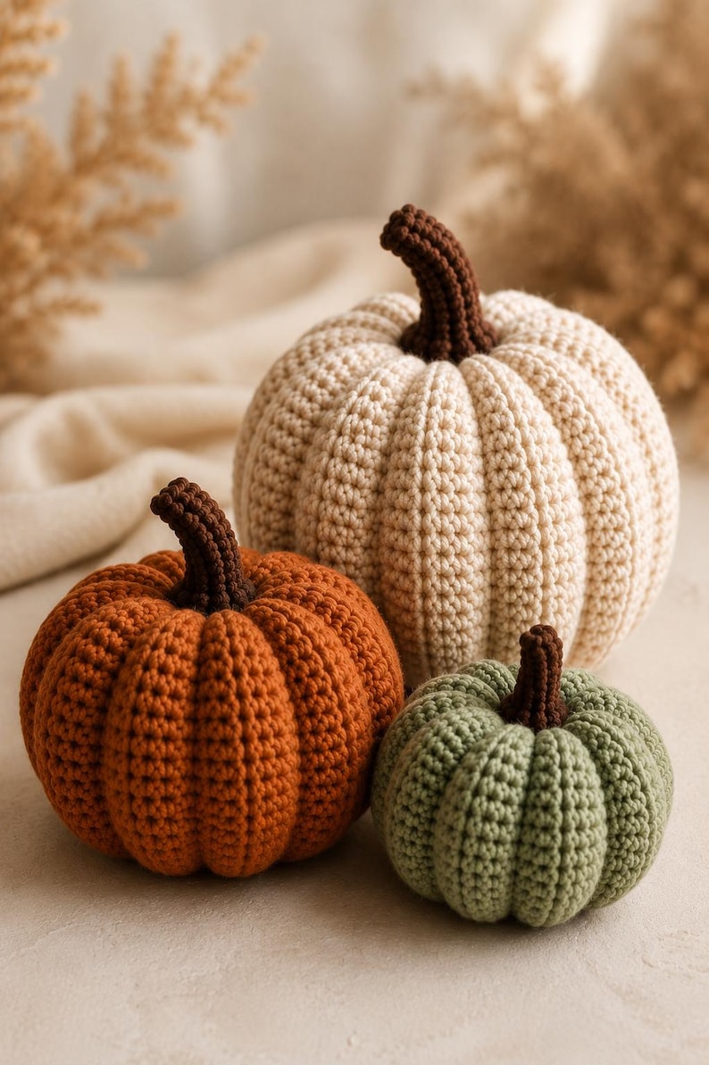May include: Three crocheted pumpkins in varying sizes and colors. The largest is cream, the medium is burnt orange, and the smallest is sage green. Each pumpkin features a dark brown crocheted stem and a ribbed texture created by the yarn stitches.