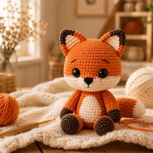 Op de afbeelding: Een gehaakt vossenknuffeltje gemaakt van oranje, wit en donkerbruin garen. De vos heeft grote zwarte ogen, een kleine zwarte neus, puntige oren en een pluizige staart. Het zit rechtop met een rond hoofd en een witte vlek op de buik.