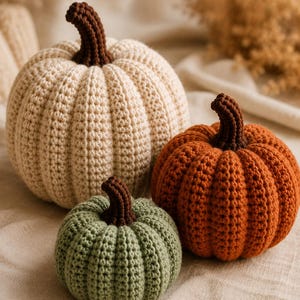 May include: Three crocheted pumpkins in varying sizes and colors. The largest is cream, the medium is burnt orange, and the smallest is sage green. Each pumpkin features a dark brown crocheted stem and a textured, ribbed surface pattern.