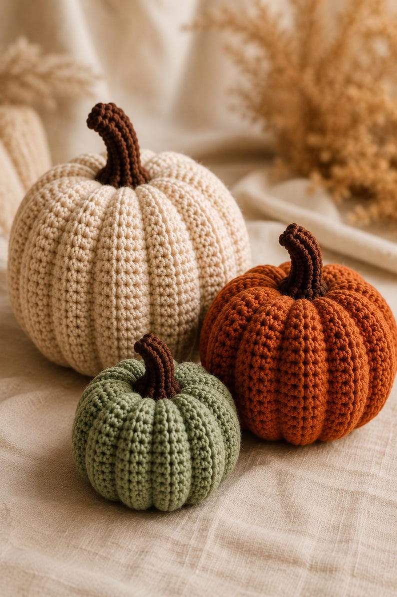 May include: Three crocheted pumpkins in varying sizes and colors. The largest is cream, the medium is burnt orange, and the smallest is sage green. Each pumpkin features a dark brown crocheted stem and a textured, ribbed surface pattern.
