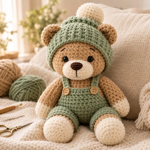 May include: A crocheted teddy bear with tan fur, wearing a sage green hat with a cream pom-pom and matching sage green overalls featuring two small wooden buttons. The bear has dark eyes, a brown stitched nose, and cream-colored paws and feet.