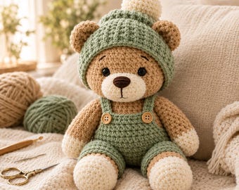 Sleepy Teddy Bear Crochet Pattern PDF, Low-Sew Amigurumi with Removable Overalls and Beanie