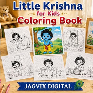Könnte beinhalten: Ein Little Krishna for Kids Malbuch mit 35 Seiten, darunter 30 Haupt- und 5 Bonusmotive. Das Set enthält mehrere schwarz-weiße Strichzeichnungen von Krishna, ein farbiges Beispielbild sowie Symbole für den digitalen Download.