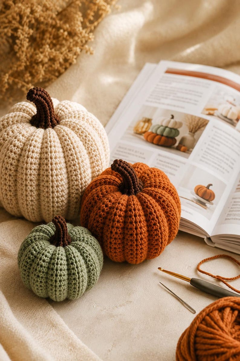 May include: Three crocheted pumpkins in cream, orange, and sage green, each featuring a dark brown stem. The pumpkins are arranged near an open instructional book, a metal crochet hook, a sewing needle, and a ball of orange yarn.
