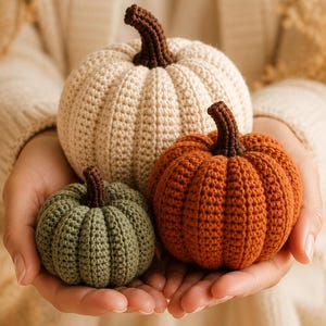 May include: Three crocheted pumpkins in varying sizes and colors. One large cream pumpkin, one medium orange pumpkin, and one small sage green pumpkin. Each pumpkin features a dark brown crocheted stem and a ribbed texture created by yarn stitches.