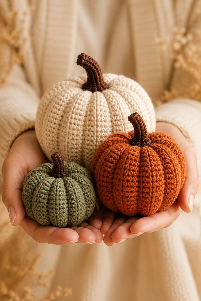 May include: Three crocheted pumpkins in varying sizes and colors. One large cream pumpkin, one medium orange pumpkin, and one small sage green pumpkin. Each pumpkin features a dark brown crocheted stem and a ribbed texture created by yarn stitches.