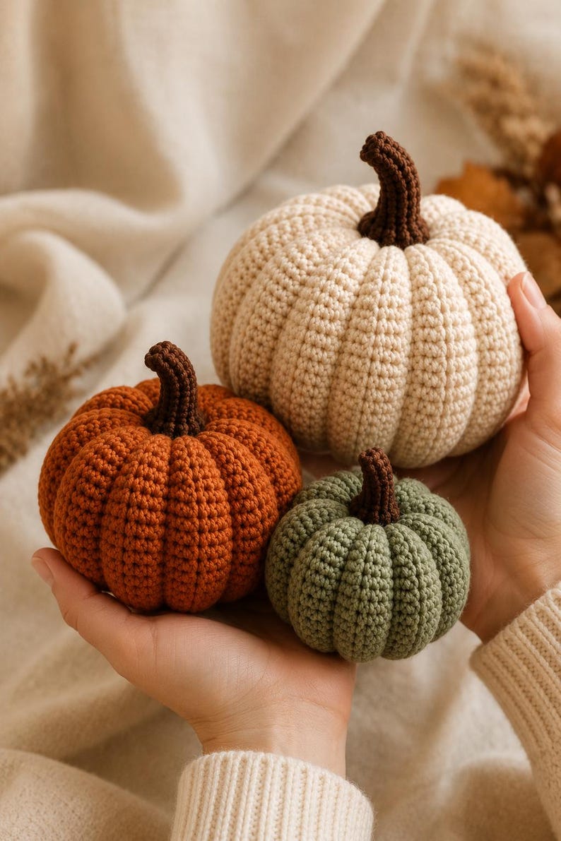 May include: Three crocheted pumpkins in cream, orange, and sage green colors. Each pumpkin features a textured, ribbed surface and a dark brown crocheted stem. The pumpkins are round and vary in size, with the cream one being the largest.