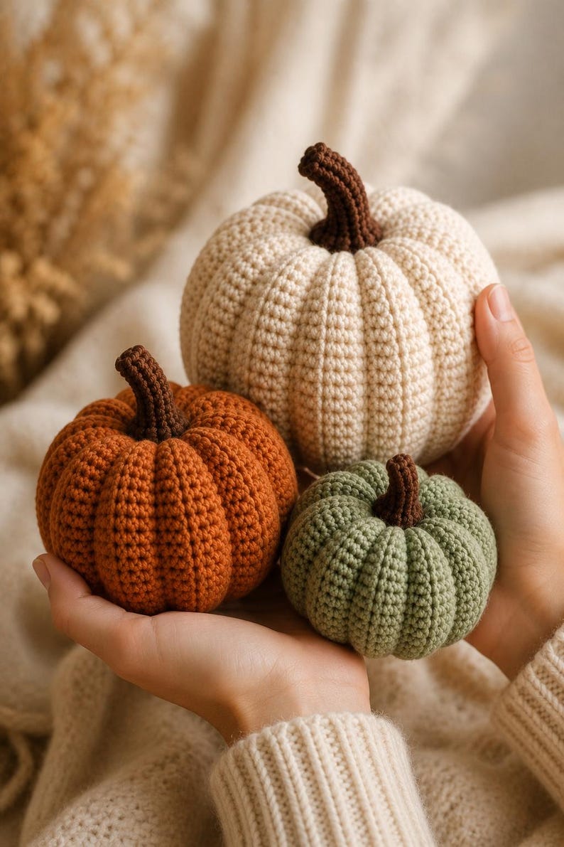 May include: Three crocheted pumpkins in cream, burnt orange, and sage green. Each pumpkin features a textured, ribbed surface and a dark brown crocheted stem. The pumpkins are round and vary in size, showcasing detailed yarn stitching throughout.