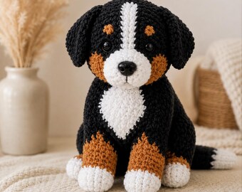 Crochet Bernese Mountain Dog Pattern, Amigurumi Puppy PDF, 3 Sizes, Instant Download