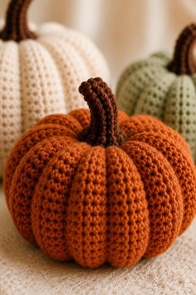 May include: Three crocheted pumpkins in orange, cream, and sage green. Each pumpkin features a textured, ribbed surface and a dark brown crocheted stem. The orange pumpkin is in the foreground, while the cream and green ones are positioned behind.