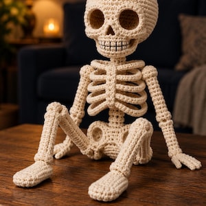 May include: A cream-coloured crocheted skeleton figure featuring a rounded skull with hollow eye sockets, a defined rib cage, and articulated limbs. The yarn-based construction displays a consistent stitch pattern throughout the entire structure.