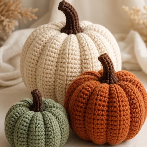 May include: Three handmade crochet pumpkins in varying sizes and colours. One large cream pumpkin, one medium orange pumpkin, and one small sage green pumpkin. Each pumpkin features a textured ribbed surface and a dark brown crocheted stem.