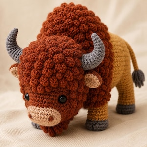 May include: A crochet bison plush toy featuring a textured dark brown head and hump, a tan body, and gray horns and hooves. The stuffed animal has two black plastic eyes and a light tan muzzle, crafted with visible yarn stitches throughout the design.