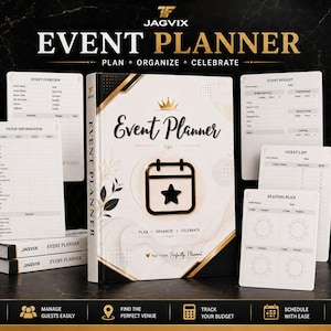 May include: A Jagvix event planner book with a white cover featuring gold accents, a crown icon, and a calendar graphic with a star. The planner is surrounded by several white printed pages showing templates for event overview, budget, guest list, and seating plans.