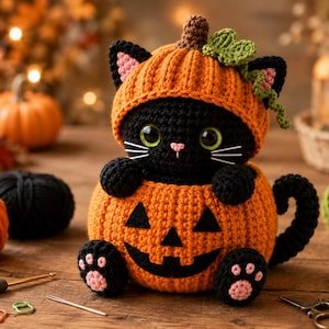 May include: A black crochet cat plushie sitting inside a carved orange pumpkin. The cat wears a matching pumpkin hat with green leaves, has large green eyes, white whiskers, and a pink nose. The pumpkin base features a black jack-o'-lantern face.