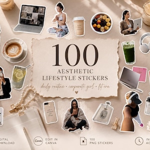 Może przedstawiać: Kolekcja 100 cyfrowych naklejek lifestyle z różnymi ilustracjami, w tym laptopami, kubkami do kawy, butelkami perfum, osobami w pozach jogi, słuchawkami i notatnikami. Centralny tekst brzmi 100 AESTHETIC LIFESTYLE STICKERS.