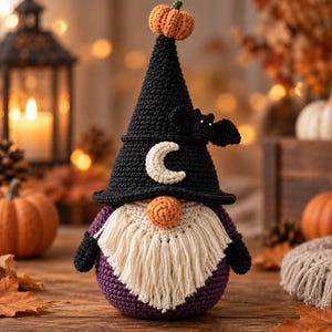Peut inclure: Une figurine de gnome au crochet avec un grand chapeau pointu noir surmonté d'une petite citrouille orange. Le chapeau présente un croissant de lune blanc et une chauve-souris noire. Le gnome a un nez orange rond, une longue barbe crème et un corps violet.