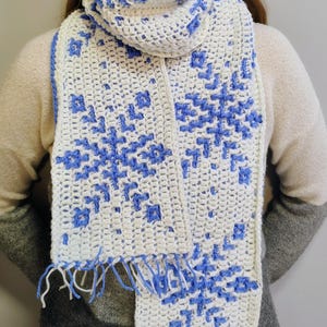 May include: A long, rectangular crochet scarf featuring a white base with a repeating blue snowflake pattern. The scarf is wrapped around the neck and includes fringe detailing at the ends, constructed with a textured, thick yarn stitch pattern.