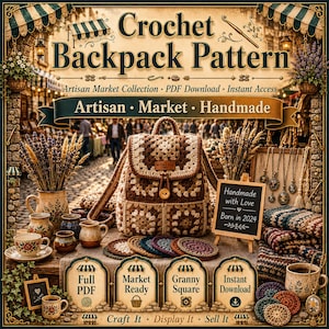 May include: A crochet backpack pattern featuring a brown and beige granny square design. The image includes text reading Crochet Backpack Pattern, Artisan Market Collection, PDF Download, Instant Access, Artisan, Market, Handmade, and more.