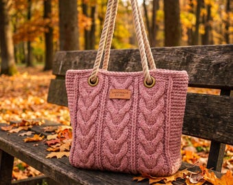 Bolsa de crochê | Bolsa rosa-claro de tricô grosso | Bolsa de ombro com alça de corda | Presente boho feito à mão para ela | Bolsa de algodão | Bolsa estética