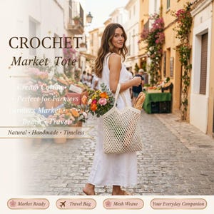 May include: A cream-coloured crochet market tote bag featuring an open mesh weave design. The bag is held by a person wearing a white dress and contains a bouquet of colourful flowers and a baguette. The text CROCHET Market Tote is visible.