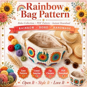 Crochet Ita Bag Granny Square Pattern | Boho Hobo Sling Crossbody Bag | Crescent Moon Flower Messenger Purse | Zipper PDF | Instant Download