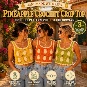 Häkelweste (PDF) – Oma-Top, eckig, Ananas-Crop-Top, Gelb, Orange, Limette, 3 Farbvarianten, Boho-Strand-Stil, Anfänger, Größen XS bis 2XL, Download
