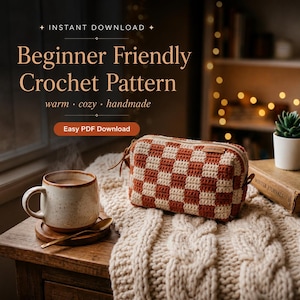 May include: A rectangular crochet pouch featuring a rust-orange and cream checkered pattern with a zipper closure and a small leather-look tag labeled HANDMADE. Text on the image reads: INSTANT DOWNLOAD, Beginner Friendly Crochet Pattern.