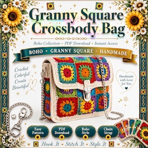 Sac Ita au crochet, modèle PDF, grand-mère carrée, sac bandoulière, croissant de lune bohème, hobo, sac messager, fermeture éclair, fleur, sac, téléchargement immédiat