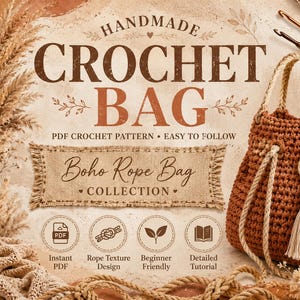 May include: A handmade crochet bag with a boho rope design. The image features a brown crochet bag with rope handles and a decorative tassel. Text on the image reads "HANDMADE CROCHET BAG" and "Boho Rope Bag Collection."