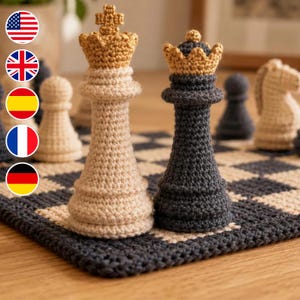 Crochet Chess Set Pattern PDF Bundle | Gold Crown King Queen | Full Board & 32 Amigurumi Pieces | Complete Chess Game Download