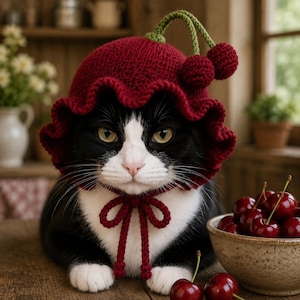 May include: A black and white cat wearing a dark red crocheted hat shaped like a cherry. The hat features a ruffled brim, a green stem, and two small red cherry spheres on top. A matching red crocheted tie is fastened under the chin.