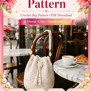 Crochet Ita Bag Pattern PDF | Ivory Bucket Drawstring Purse Tutorial | Wooden Handle Pearl Tassel Beginner Friendly Boho Market Bag Schmuck